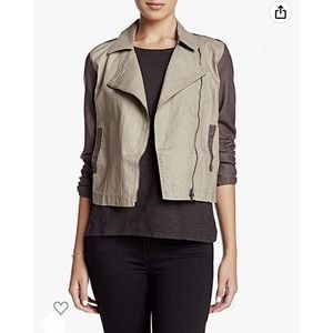 Eileen Fisher Small Perite Coated Organic Linen STONE Asym Zip Moto Jacket DG14